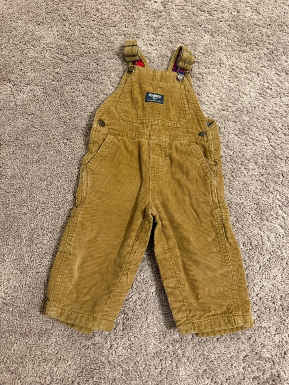 OshKosh B'gosh cognac brown Corduroy Overalls plaid flannel lining